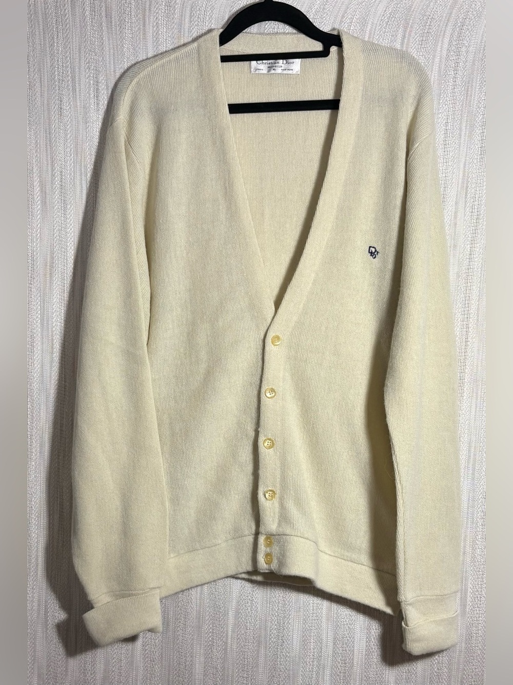 VTG 80s Christian Dior Monsieur Cardigan Sweater Cream XL Orlon Knit Logo